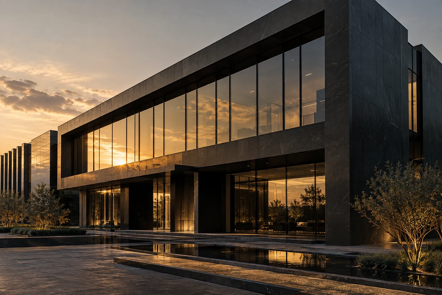 Façade vitrée de bureaux contemporains éclairée par le soleil.