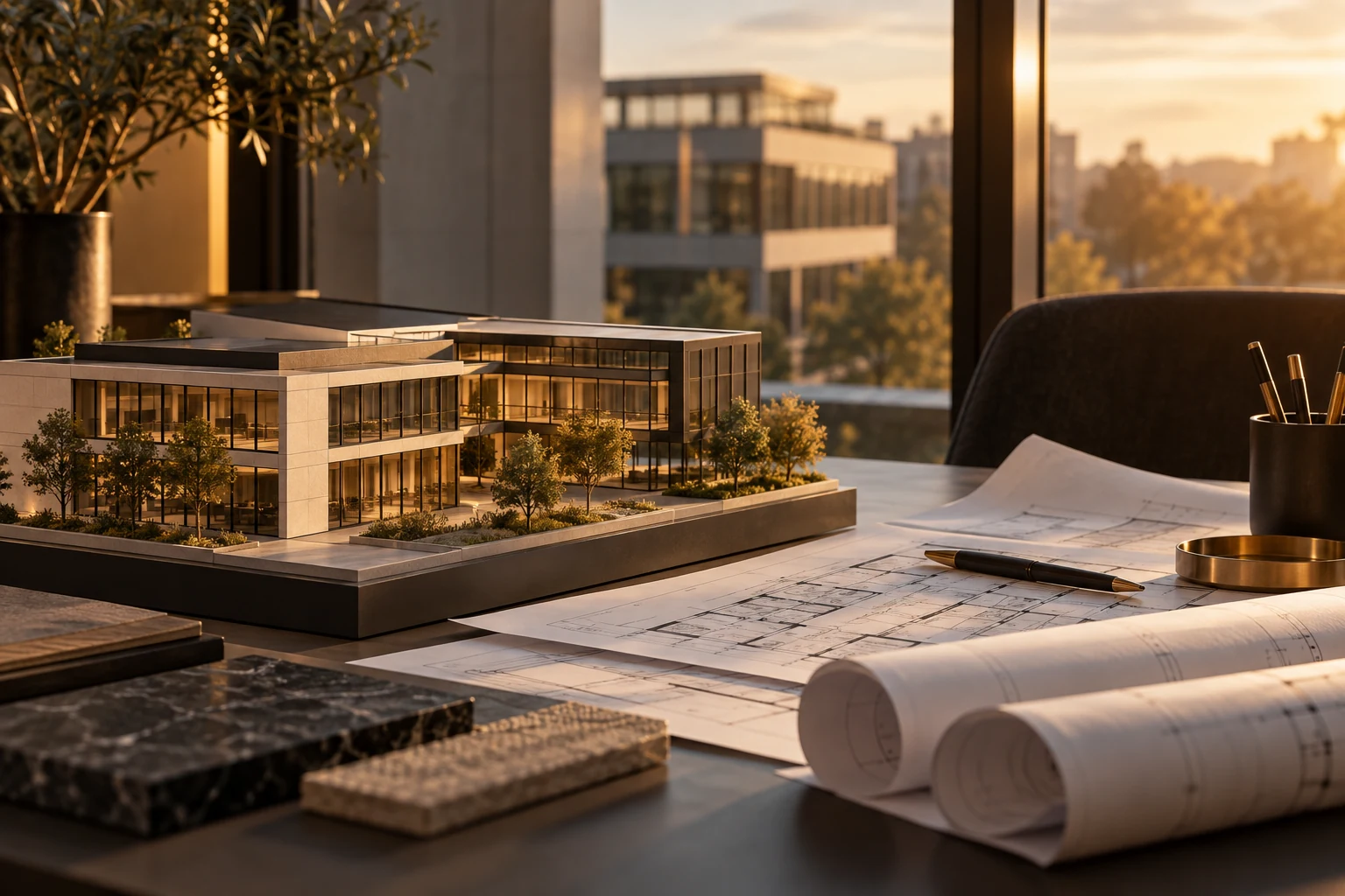 Maquette de bureaux et plans posés sur une table près d’une fenêtre.