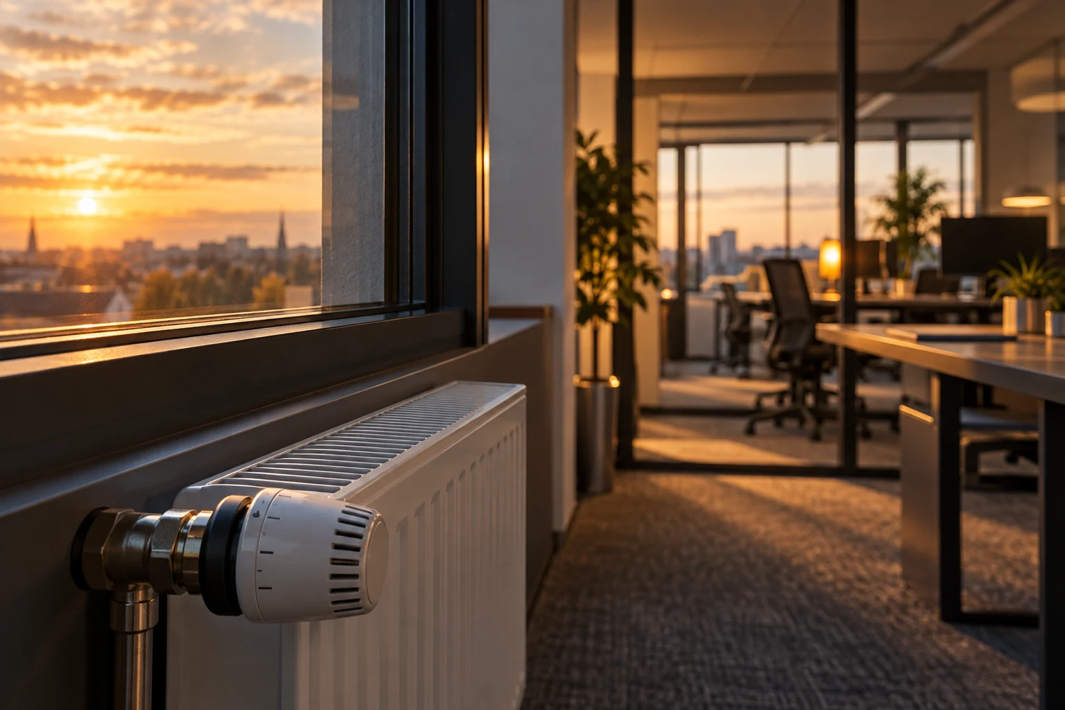 Radiateur avec tête thermostatique près des fenêtres d’un bureau au soleil couchant.