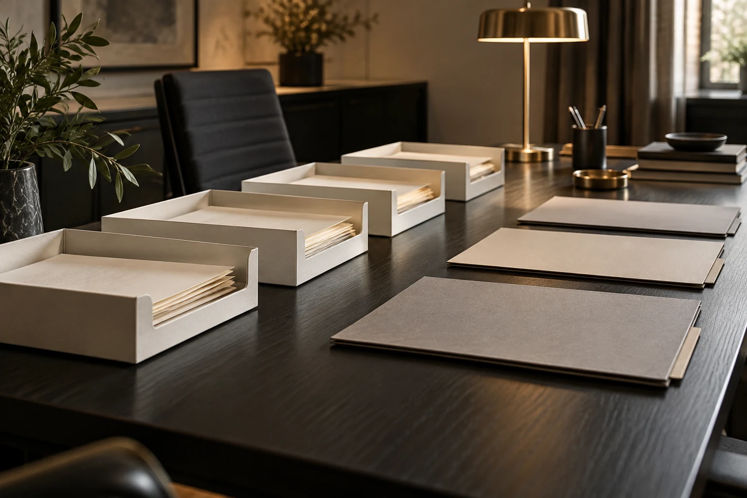 Corbeilles à courrier et dossiers alignés sur une table de travail.