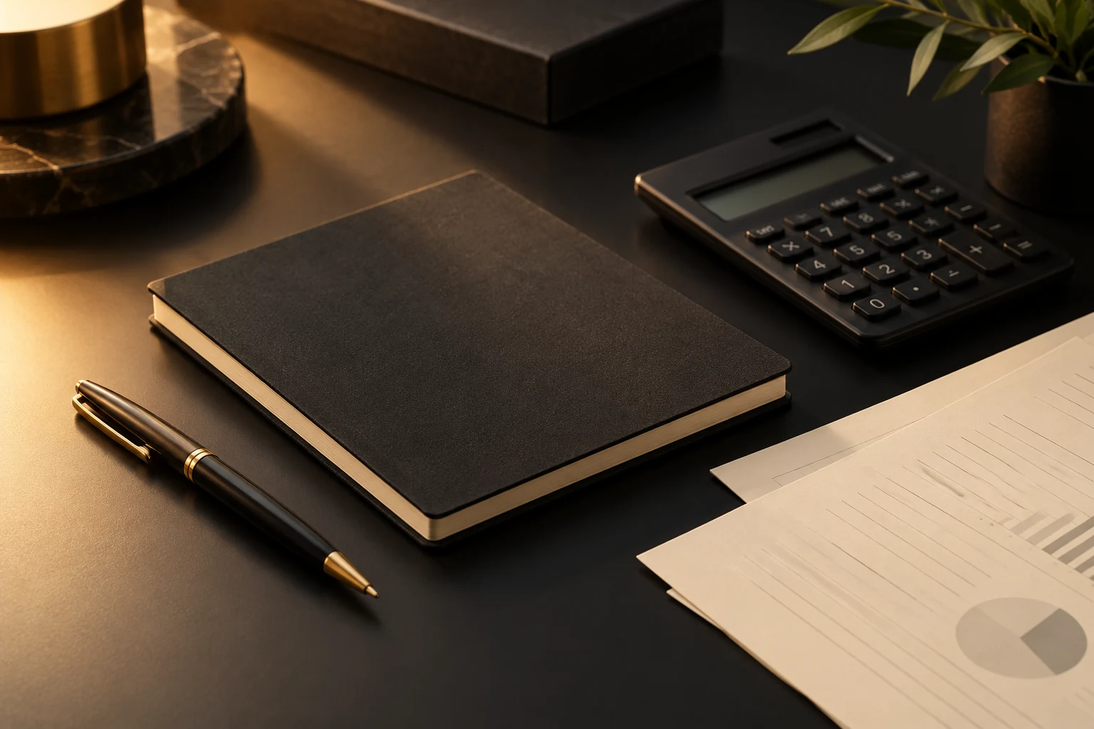 Carnet, calculatrice et documents disposés sur un bureau sombre.