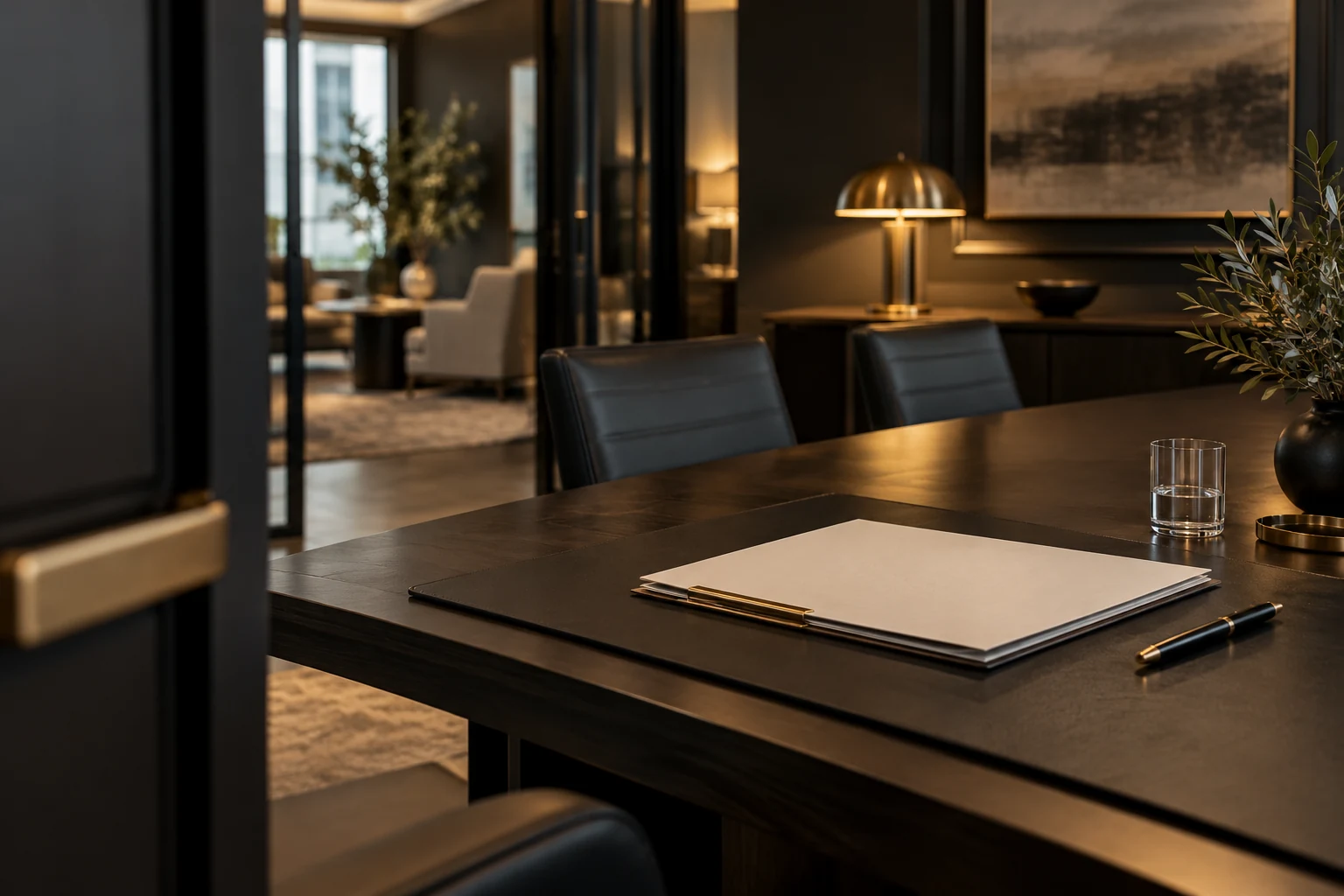 Dossier clair et stylo sur la table d’une salle de réunion ouverte sur des bureaux.