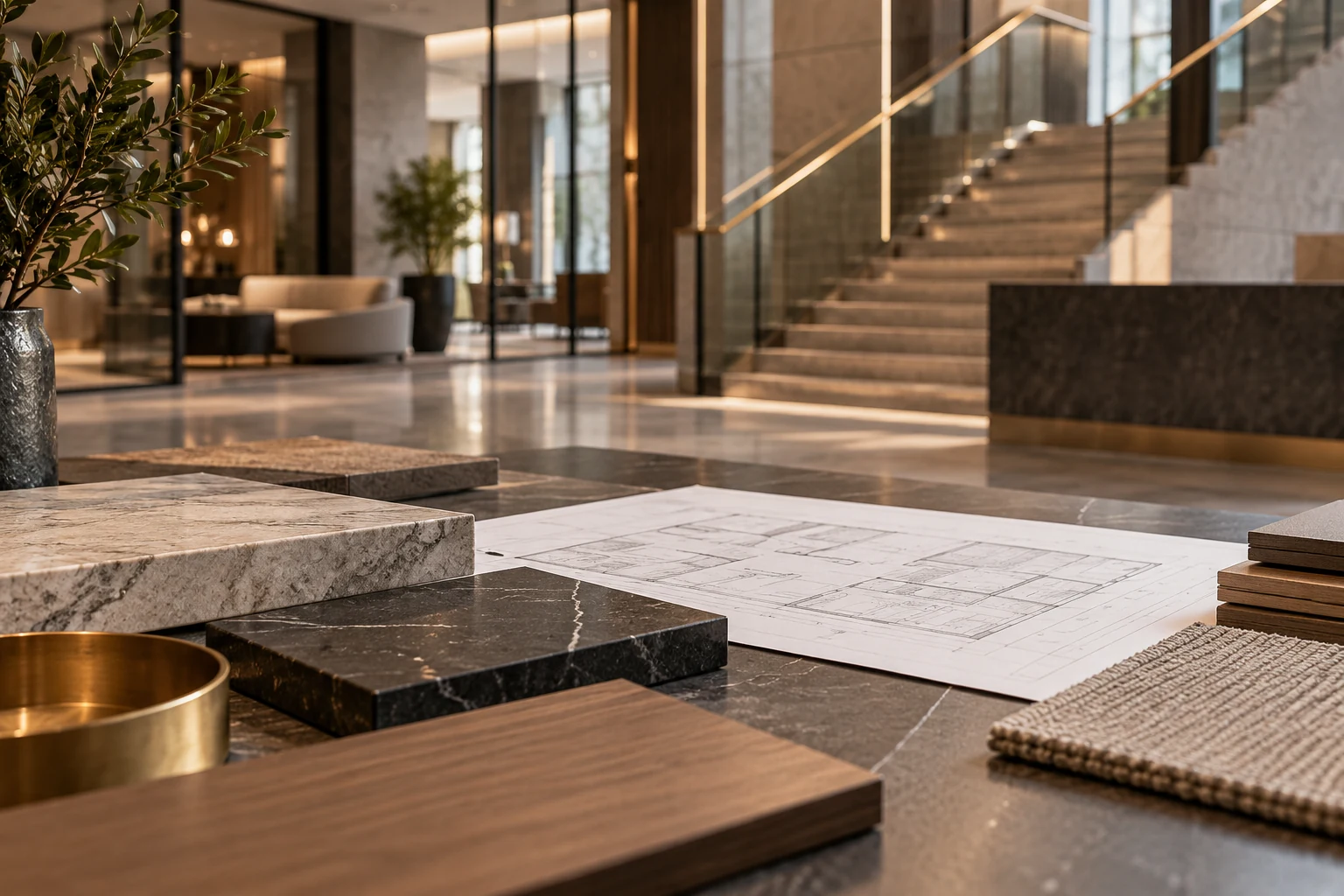 Échantillons de matériaux et plan d’aménagement dans un hall de bureaux.