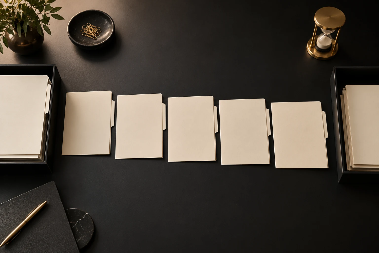Dossiers ivoire disposés entre deux corbeilles sur une table noire.