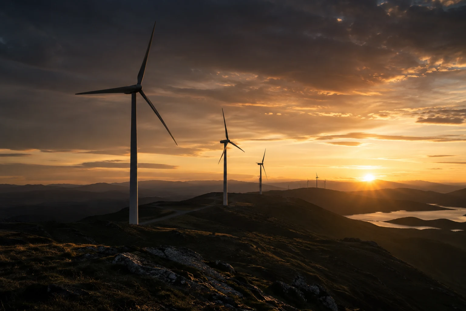 Éoliennes dans un paysage au crépuscule.
