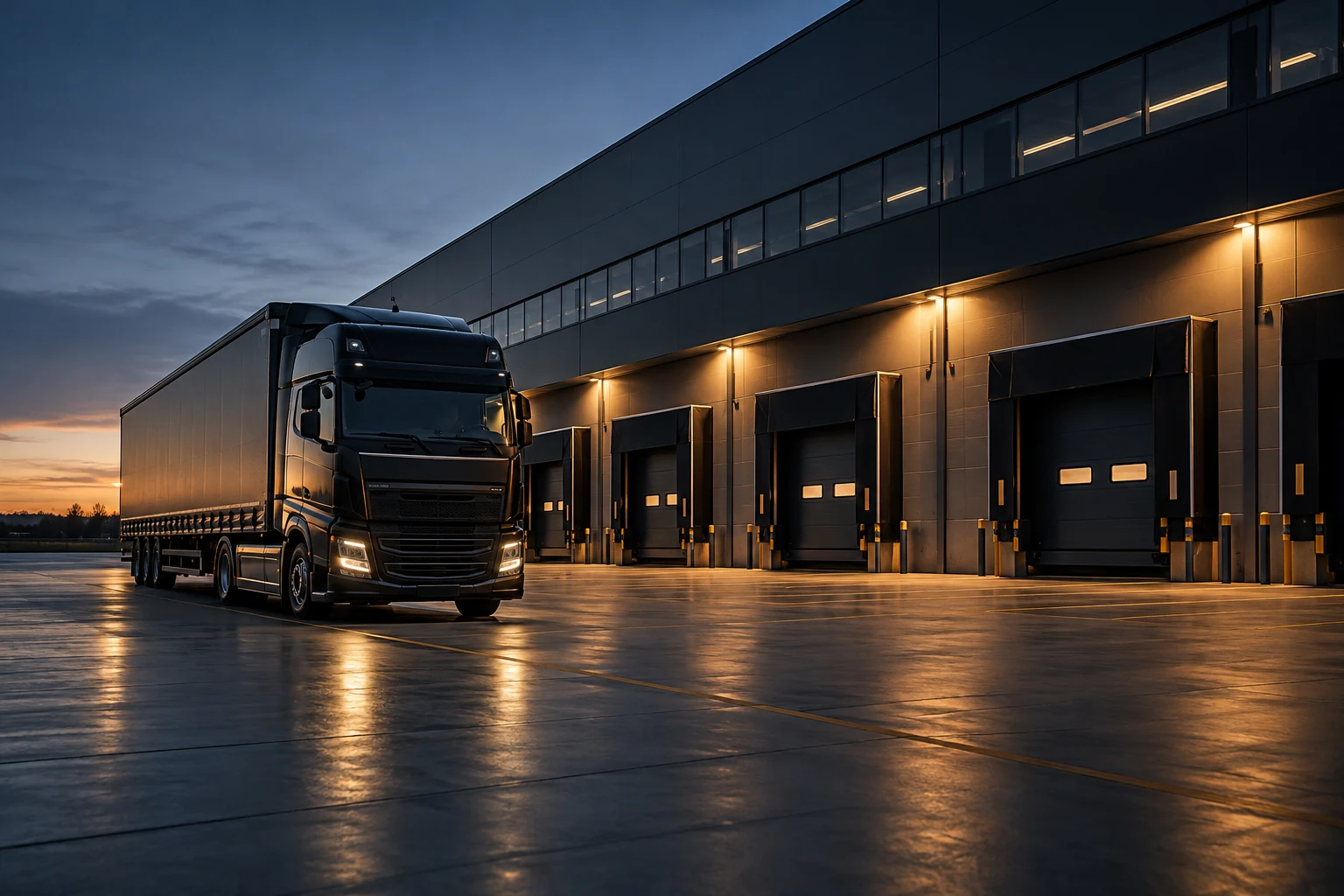 Quais logistiques et véhicules de transport devant un bâtiment.
